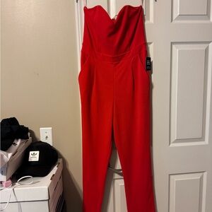 Express Vibrant Red Strapless Jumpsuit